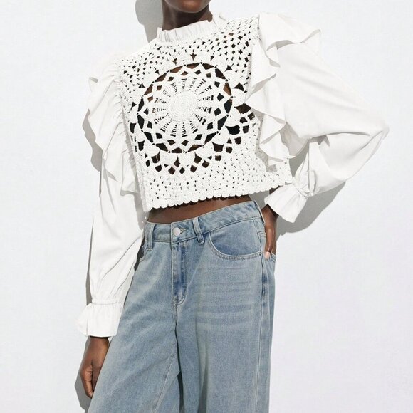 White Casual Women's Apricot Hollow Hook Flower Splicing Ruffles Tops - Picture 3 of 7